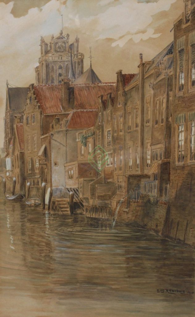 Aquarelle d'une vue de ville avec une église au bord d'un canal, signé Evg. Rensburg 1910