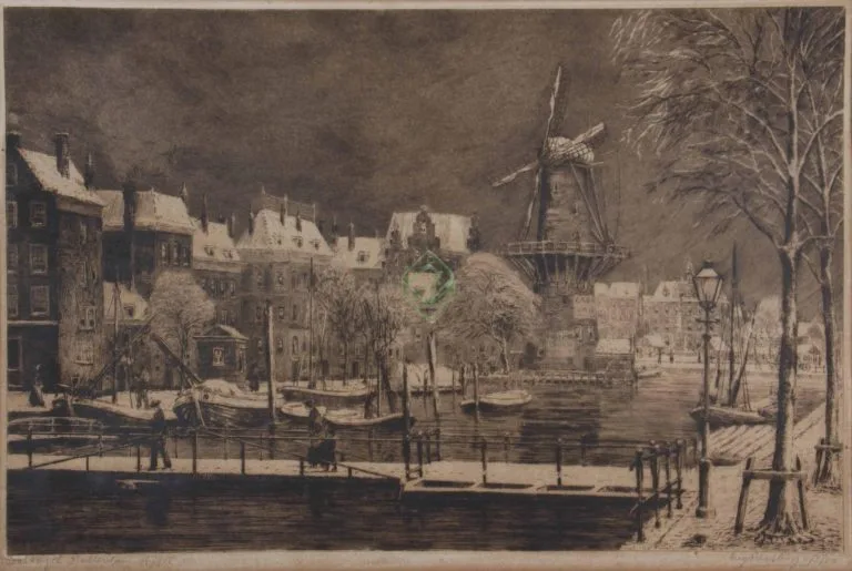 Ets van de Coolsingel in Rotterdam met molen De Hoop in de sneeuw, in potlood gesigneerd, door Eugène Rensburg
