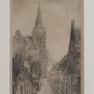 Ets van de Lammert Warndersteeg in Harlingen met kerktoren, oplage 22/100, door Eugène Rensburg