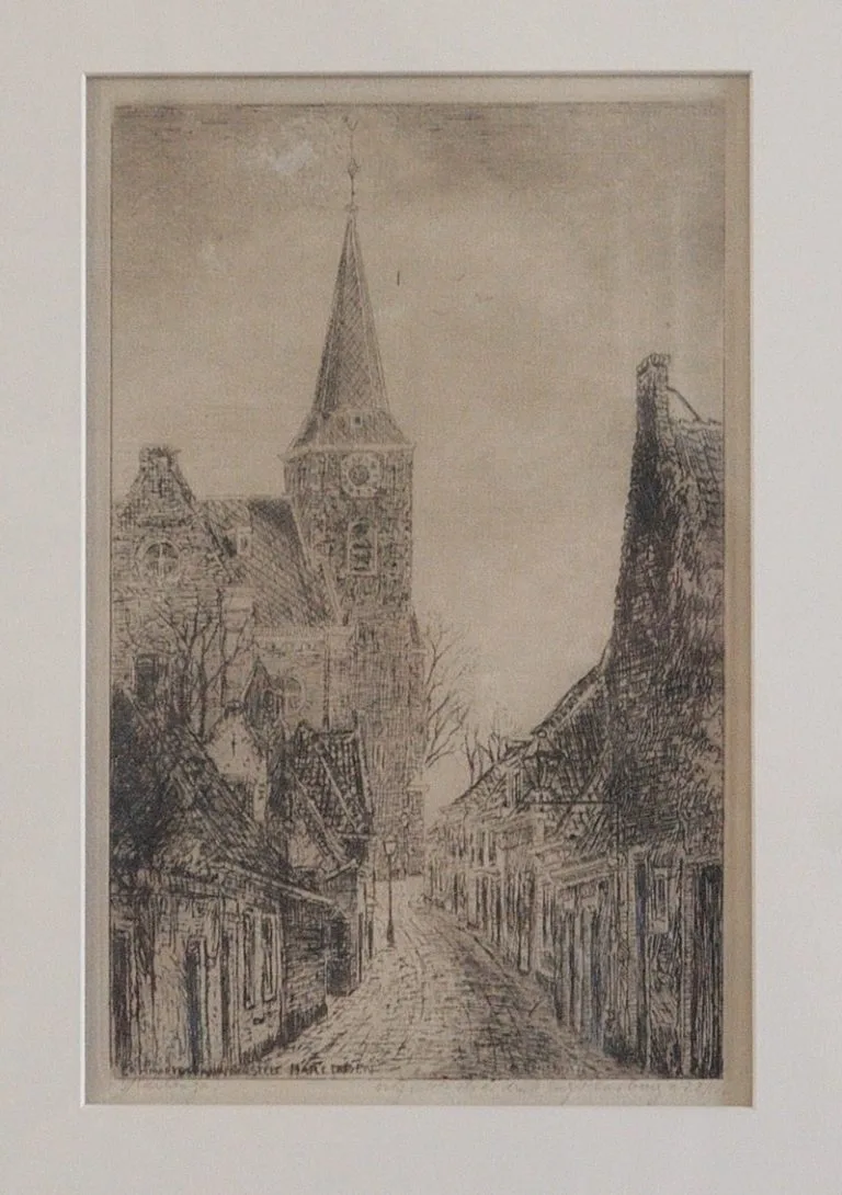Ets van de Lammert Warndersteeg in Harlingen met kerktoren, oplage 22/100, door Eugène Rensburg