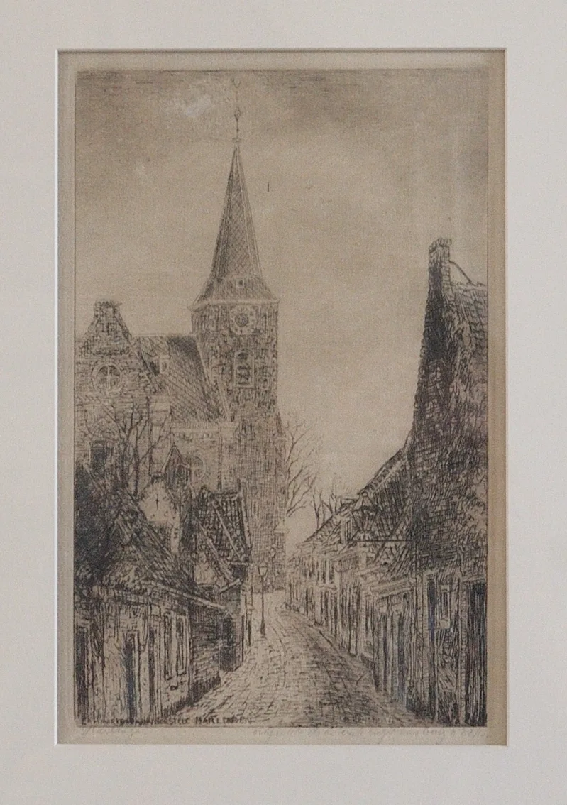 Ets van de Lammert Warndersteeg in Harlingen met kerktoren, oplage 22/100, door Eugène Rensburg