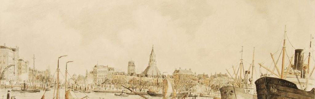 Radierung des Rotterdamer Hafens mit Schiffen und Schornsteinen, Eugène Rensburg, 1918