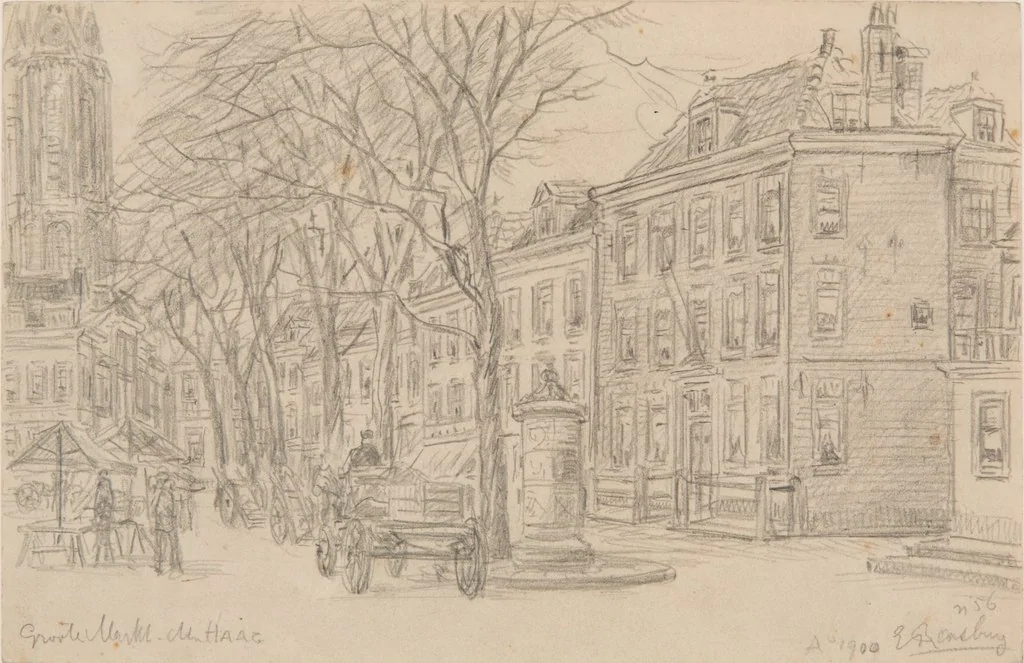 Eugène Rensburg, Grote Markt, 1900, potlood. Haags Gemeentearchief, kl. A 1307. Licentie: CC BY 4.0