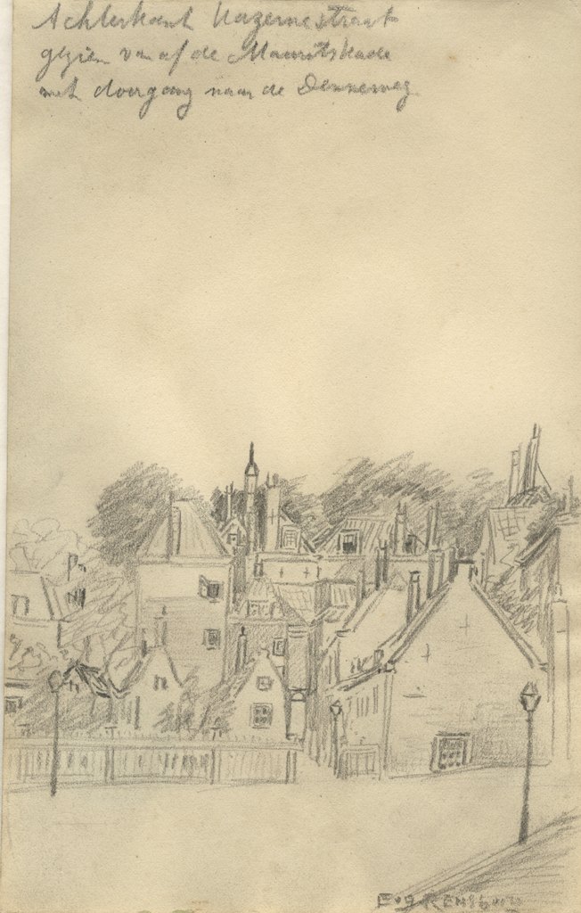 Eugène Rensburg, Achterkant Kazernestraat gezien vanaf de Mauritskade met doorgang naar de Denneweg [sic], 1925, potlood. Haags Gemeentearchief, kl. A 1340. Licentie: CC BY 4.0