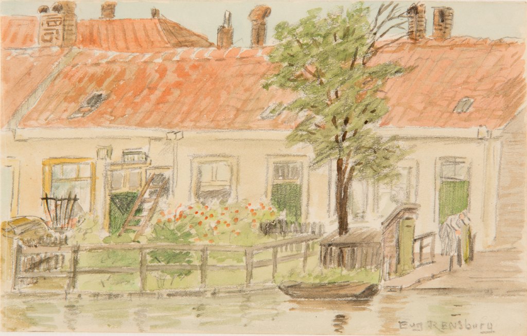 Eugène Rensburg, Huizen a/h Zieke naast het scheepswerfje onlangs afgebroken, 1920, aquarel, potlood. Haags Gemeentearchief, kl. A 1779. Licentie: CC BY 4.0