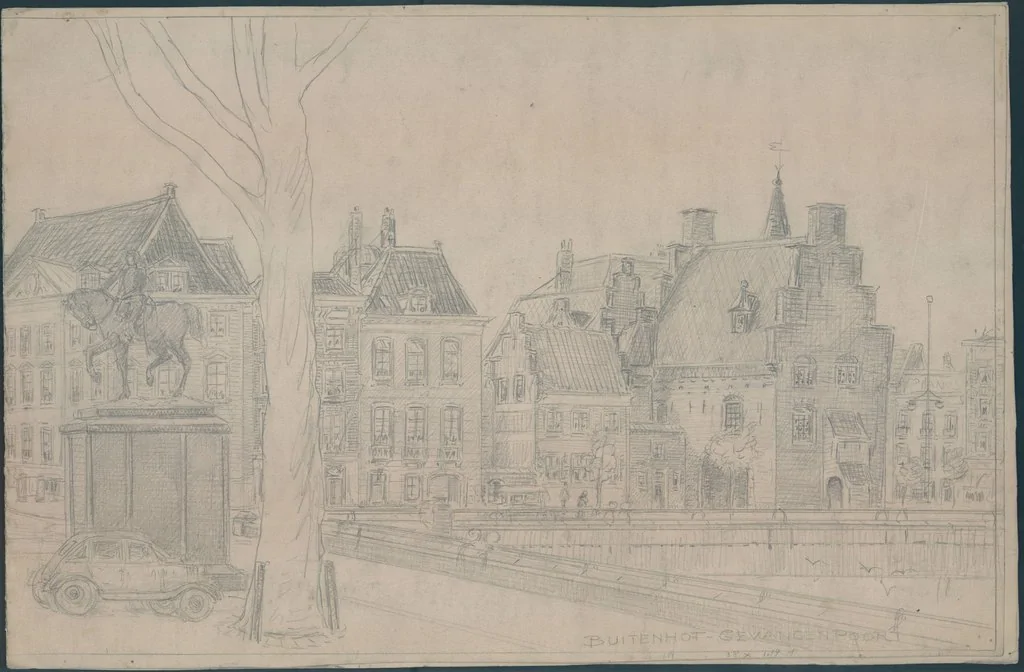 Eugène Rensburg, Buitenhof - Gevangenpoort, 1932, potloodtekening. Haags Gemeentearchief, gr. A 1702. Licentie: CC BY 4.0