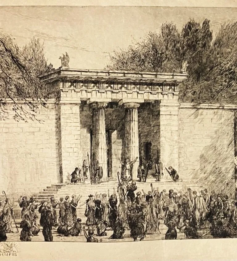 Grote zwarte ets van de openluchtvoorstelling Koning Oedipus in Park Sonsbeek, Arnhem, 1913, door Eugène Rensburg