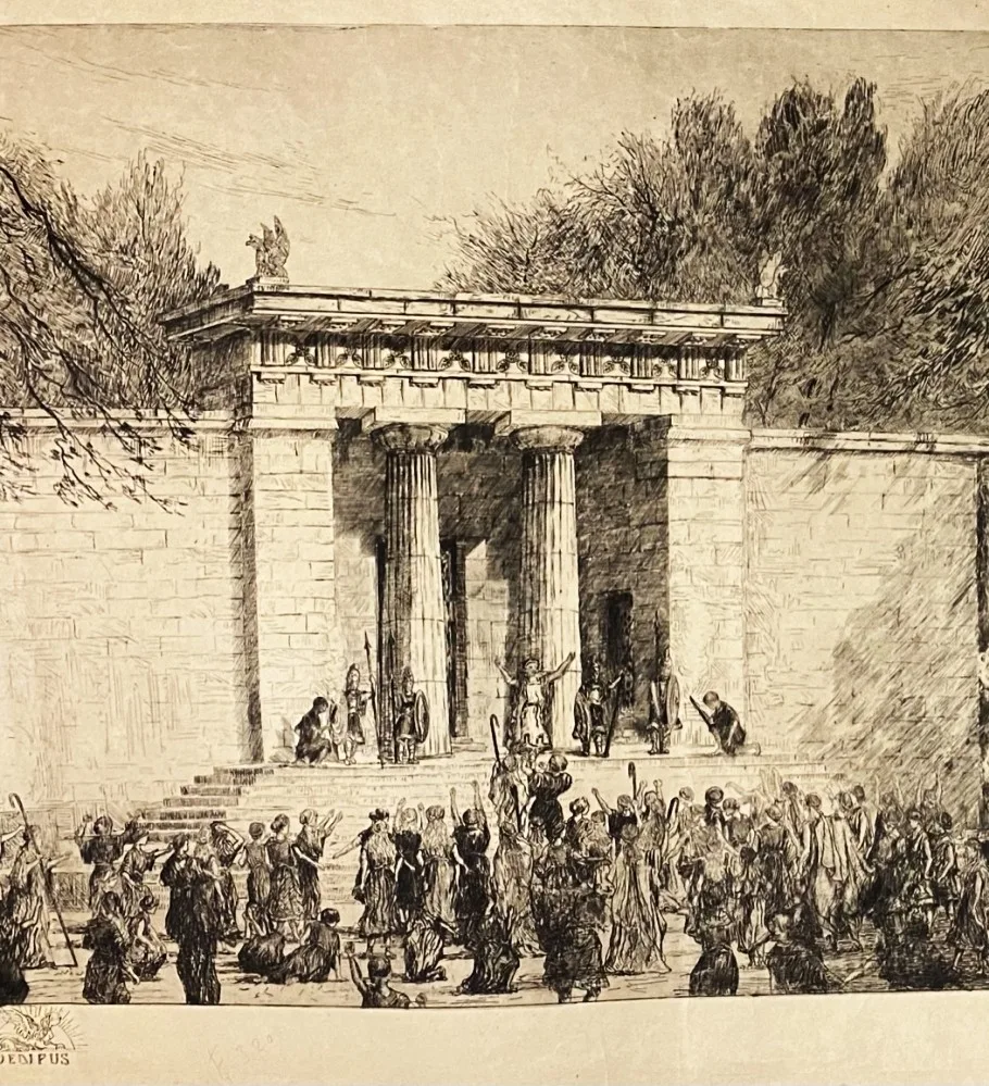 Grote zwarte ets van de openluchtvoorstelling Koning Oedipus in Park Sonsbeek, Arnhem, 1913, door Eugène Rensburg