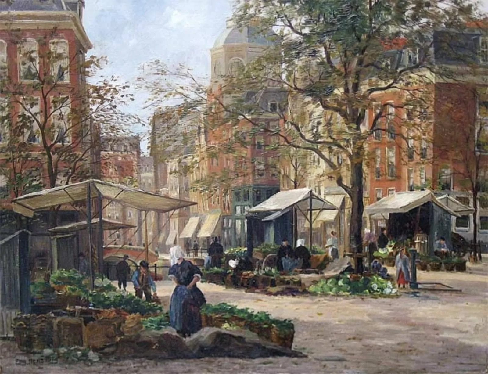 Schilderij van een groentemarkt op een stadsplein met kramen, bomen en marktvrouwen, Eugène Rensburg